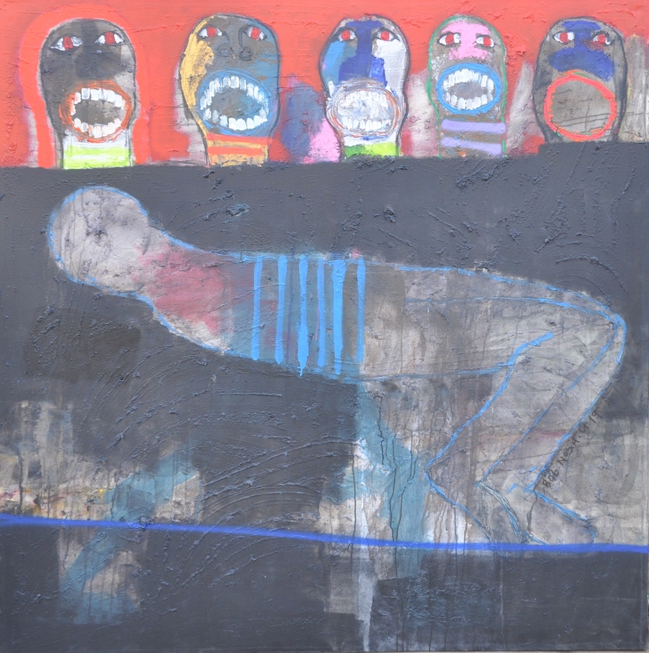 Bob-Nosa Uwagboe, The Mourners, 2019, 153cm x 153cm. Acrylic, Spray paint on textured Canvas. Photo: Dolapo Ogunnusi