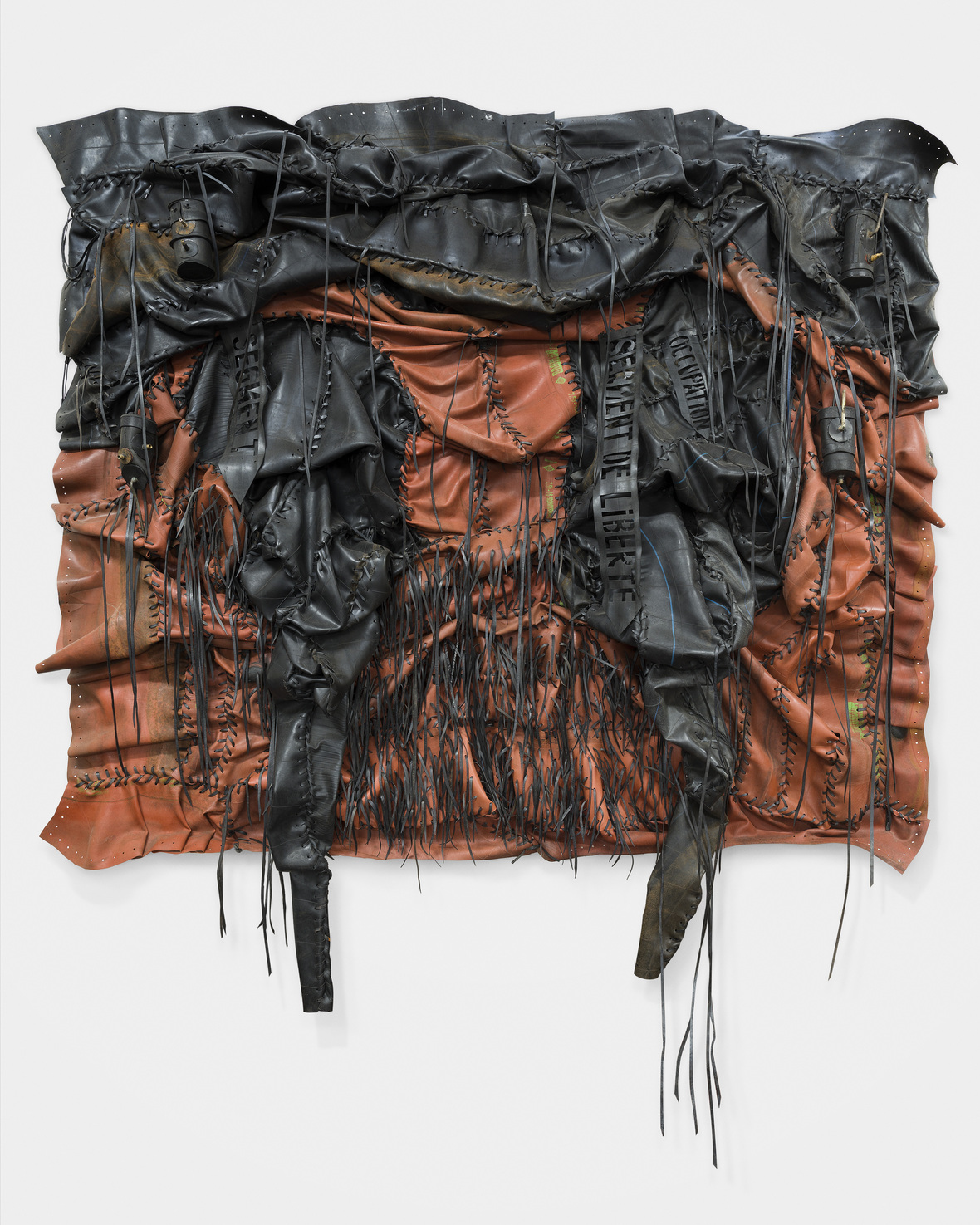 Patrick Bongoy, Eroded, 2020, Recycled inner rubber tube, valves, Size: 250 x 265 cm, Price: USD 20000, Presented by EBONY/CURATED. ENQUIRE.