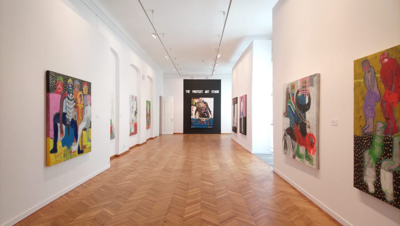 “The Protest Art Studio”, Installation view of Bob-Nosa Uwagboe’s solo exhibition Transit at the National Museum in Gdansk, 2020.