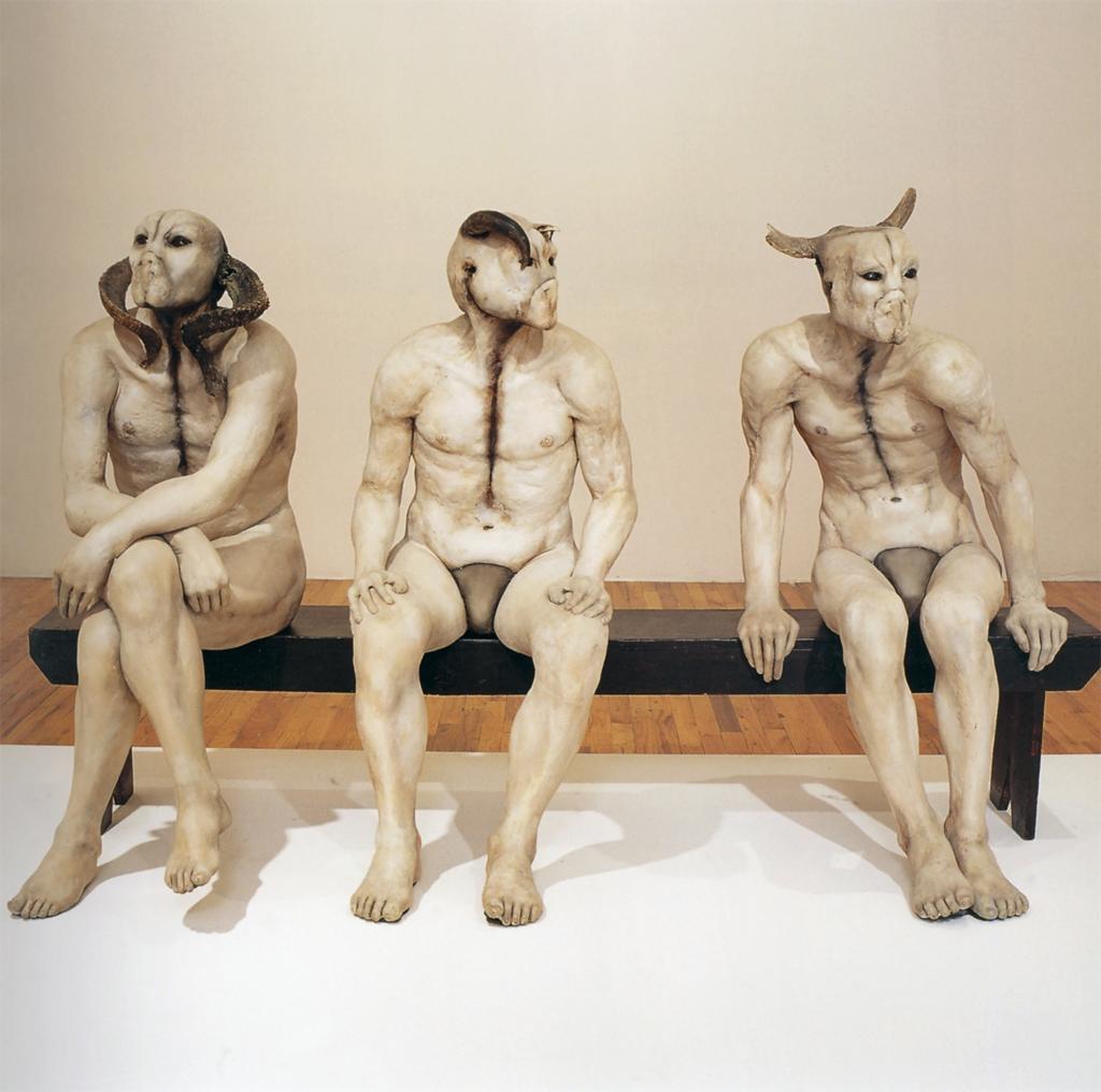 Jane Alexander, Butcher Boys, 1986. Plaster, paint, bone, horns, wooden bench, life-size.