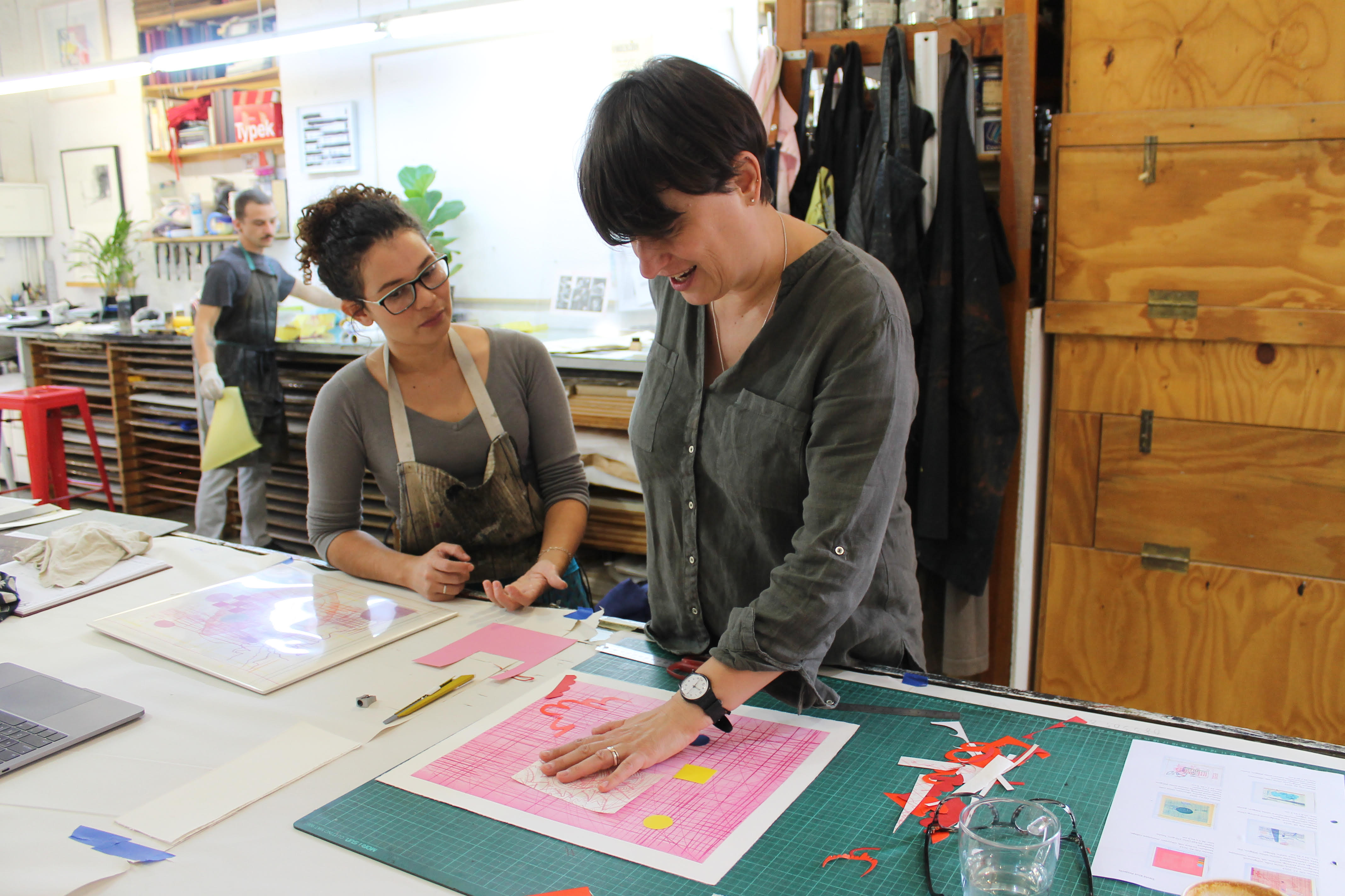 Maja Maljević and printer Kim-Lee Loggenberg at David Krut Workshop at Arts on Main, finishing new edition Pokret, February 2020