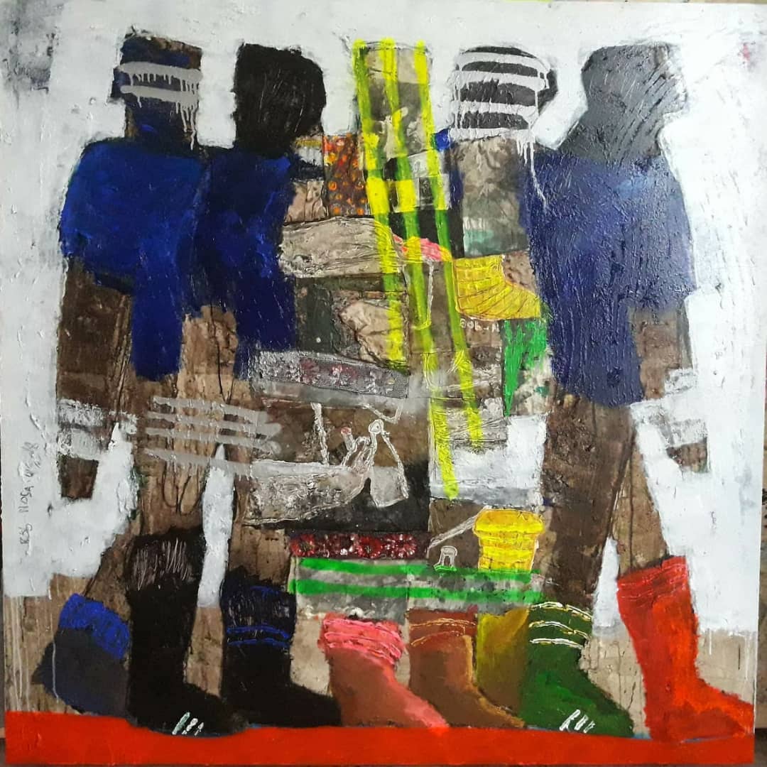 Bob-Nosa Uwagboe, Stranded Immigrant, 2019. Acrylic, Spray paint on textured Canvas.